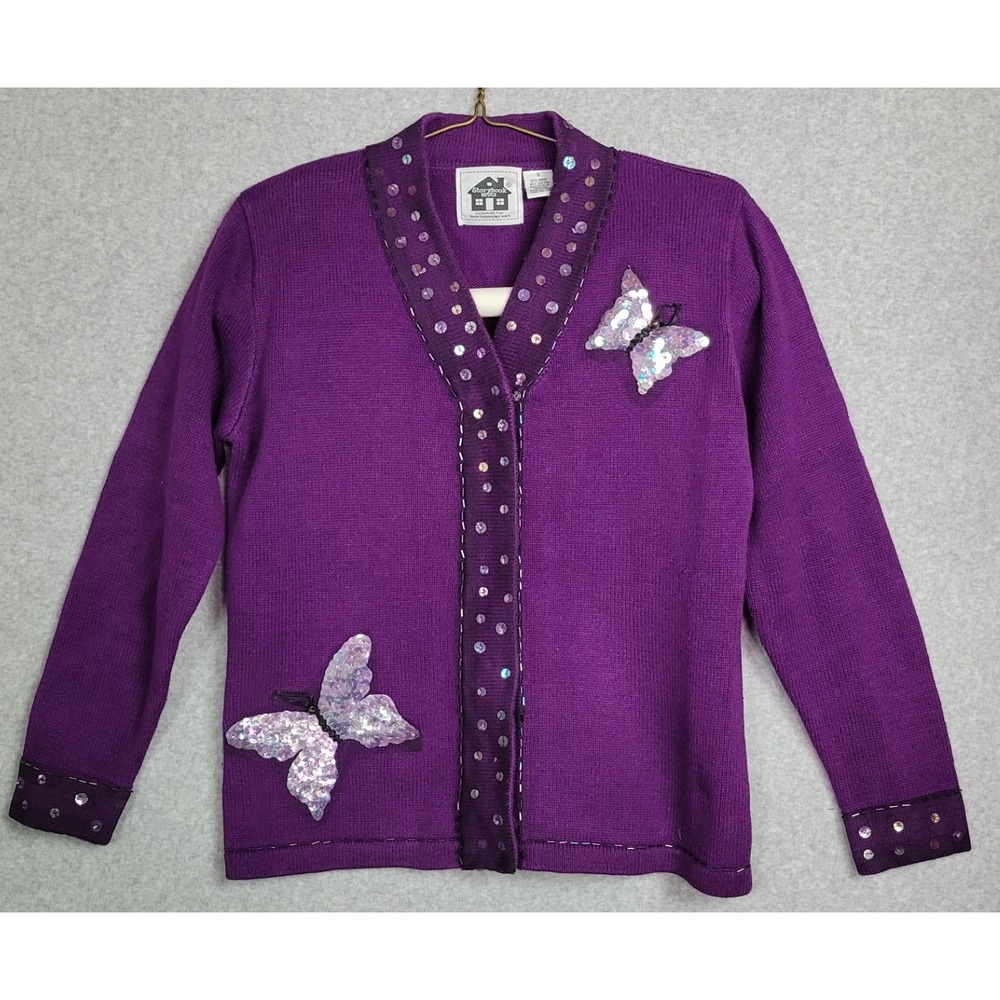 Storybook Knits Purple Butterfly Sequin Cardigan Sweater Womens Tulle Illusion S